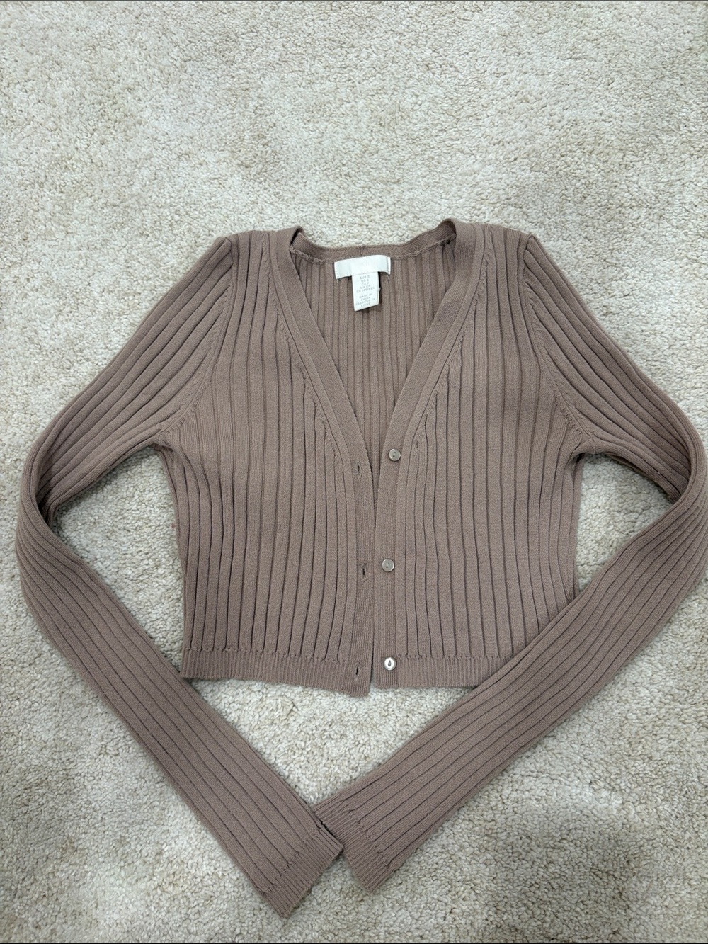 H&M Ribbed V-Neck Cropped Cardigan - Taupe Brown